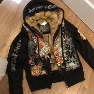 Love and Peace rhinestone fur jacket